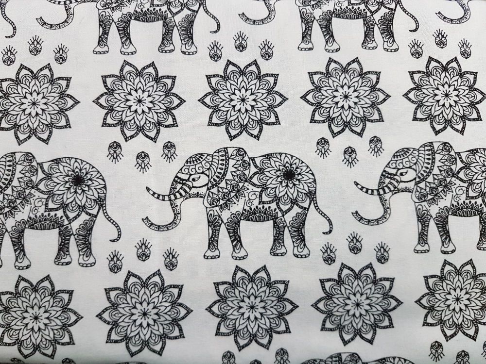 Craft cotton co 2762-01 mandala jungle elephant b&w 100% Cotton Fabric PRICED PER 0.5 (HALF) METER