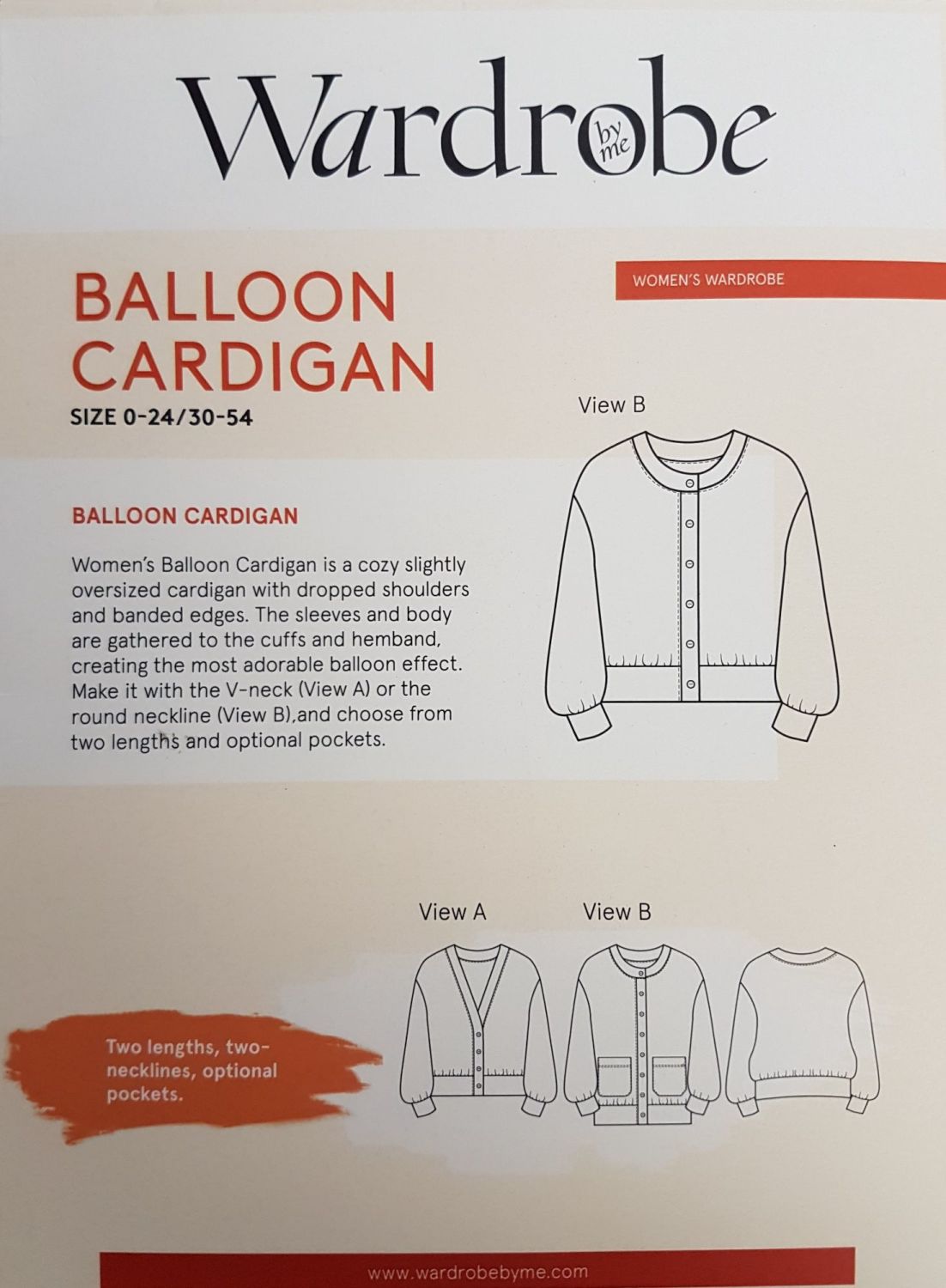 Wardrobe by me sewing pattern Balloon Cardigan size 0-24 30-54