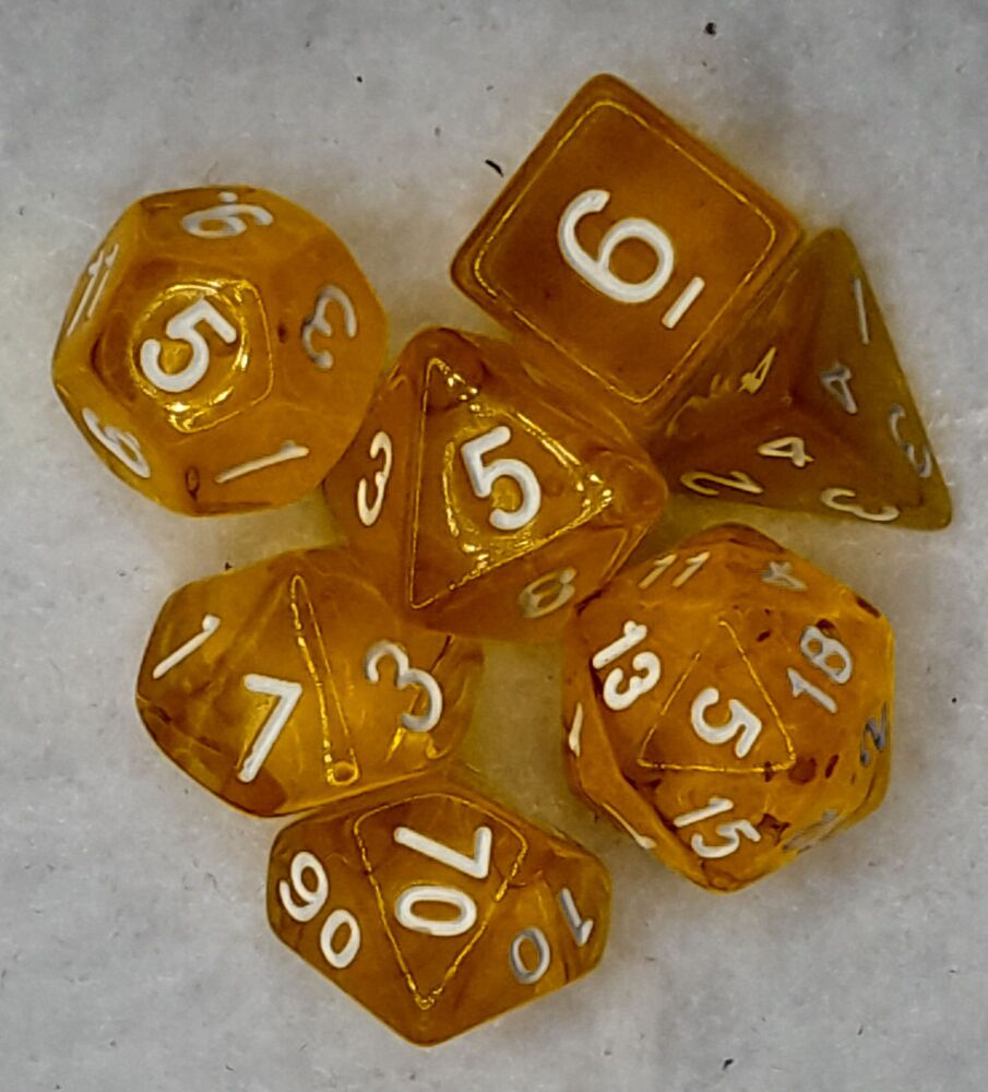 Dungeons & Dragons / Gaming Plastic Dice set - White on Amber effect