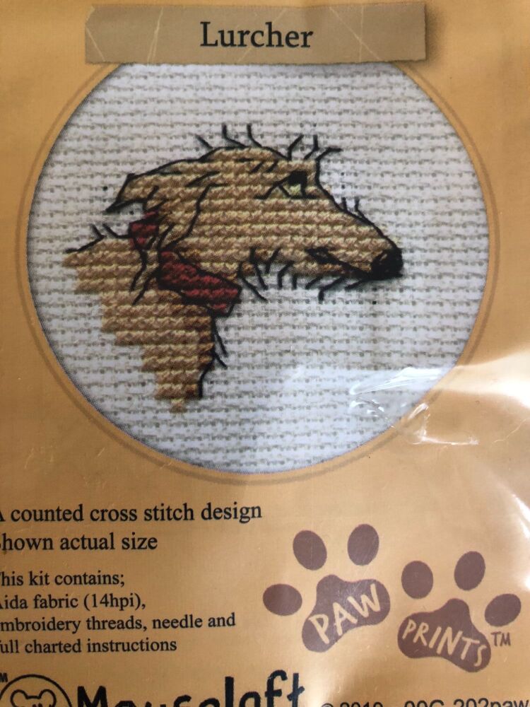 Mouseloft paw prints cross stitch embroidery lurcher