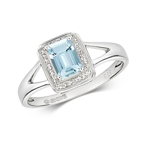 9CT DIAMOND & EMERALD CUT AQUA W/G