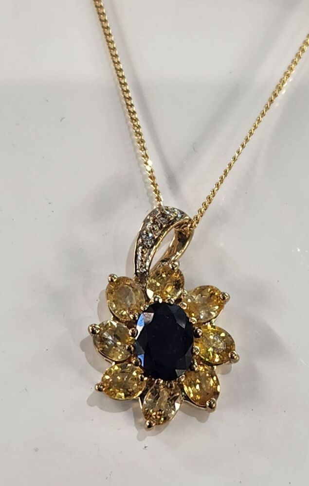 9ct Blue, Yellow Sapphire and Diamond Pendent