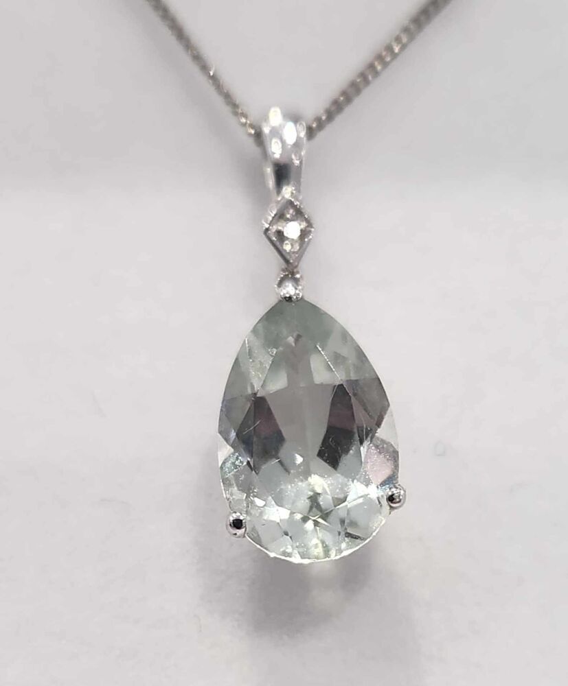 9ct White Gold Green Amethyst Pendent with Chain