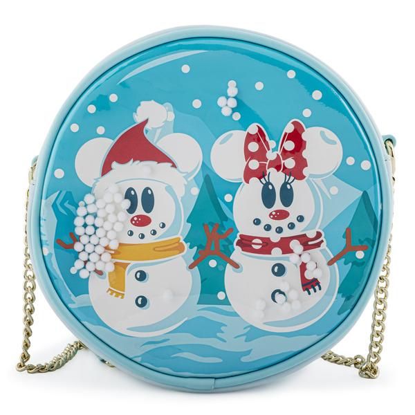 LOUNGEFLY DISNEY SNOWMAN MICKEY MINNIE SNOW GLOBE CROSSBODY BAG