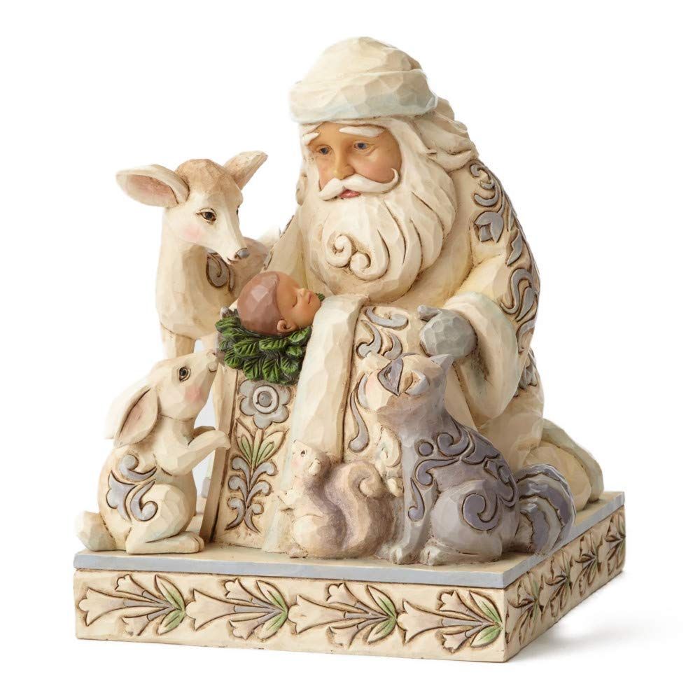 White Woodland Santa with Baby Jesus Figurine