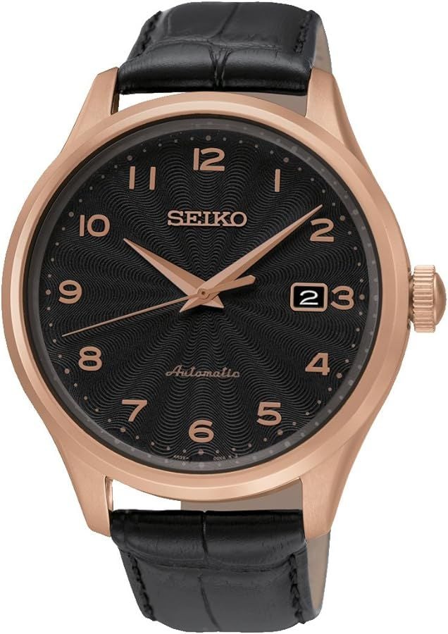 Seiko Men's Automatic Watch with Black Dial Analogue Display Leather