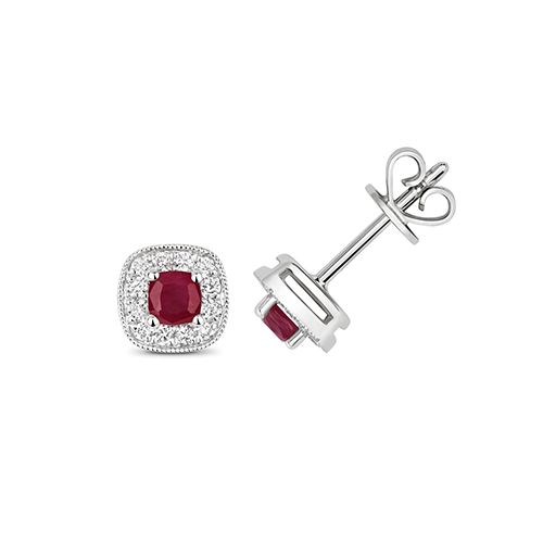 9CT DIAMOND 0.15CT AND RUBY CUSHION STUDS RRP £795.00