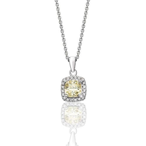 SILVER CLAW SET CUSHION HALO STYLE YELLOW CZ PENDANT+CHAIN RHODIUM PLATED R