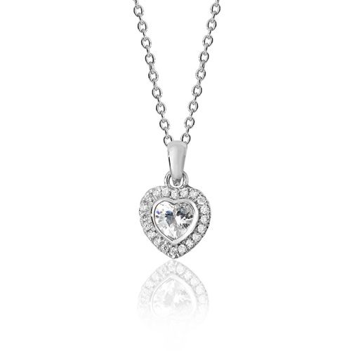 SILVER CLAW SET HEART SHAPE HALO STYLE CZ PENDANT+CHAIN RHODIUM PLATED RRP £96.00