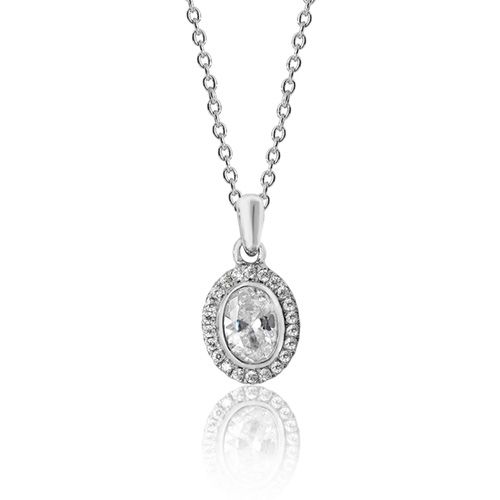 SILVER BEZEL SET OVL HALO STYLE CZ PENDANT+CHAIN RHODIUM PLATED RRP £88.00