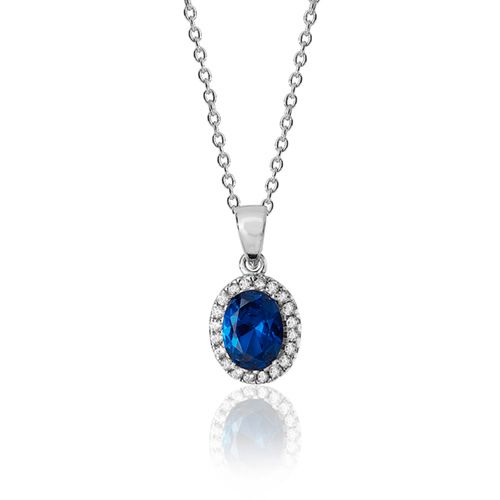 SILVER BLUE & WHITE OVAL CLUSTER CZ PENDANT+CHAIN RHODIUM PLATED RRP £76.00