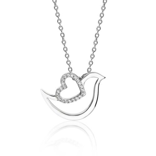 SILVER FINE OPEN DOVE & CZ HEART PENDANT+CHAIN RHODIUM PLATED RRP £115.00