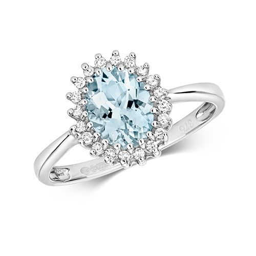 9CT DIAMOND & OVAL AQUA RING RRP £465.00