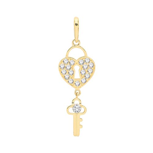 9CT YEL GOLD CZ HEART& KEY CHARM