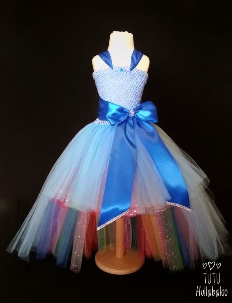High-Low Big Bow Dress Blue/Rainbow