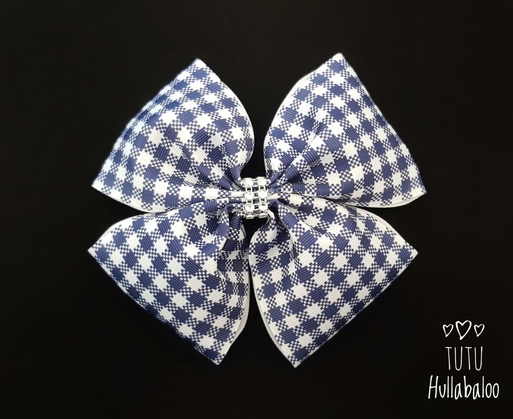 School Checked Double Tux Bow Navy