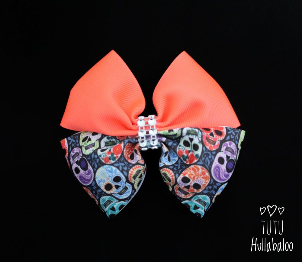 Colourful Skull Double Tux Bow Orange