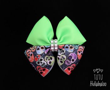 Colourful Skull Double Tux Bow Green