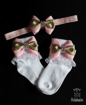 Pink/Gold Double Tux - Fold over sock set