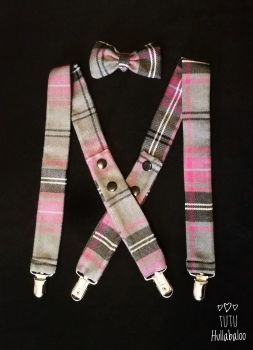 Tartan Braces and Bowtie Set - Pink/Grey