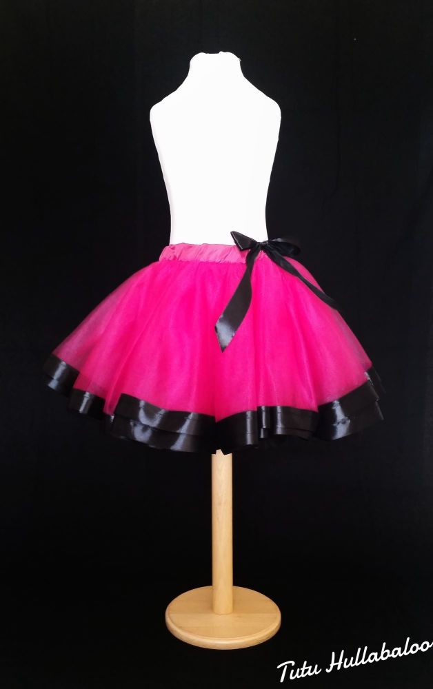Ribbon Trimmed Tulle Skirt - Fuschia/Black - Adult