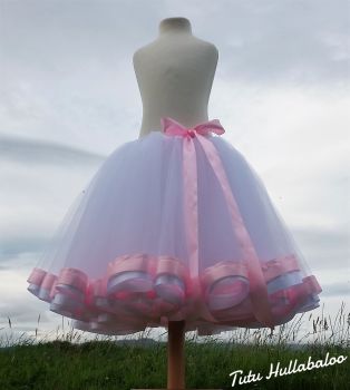 Ribbon Trimmed Tulle Skirt - White/Pink - Adult