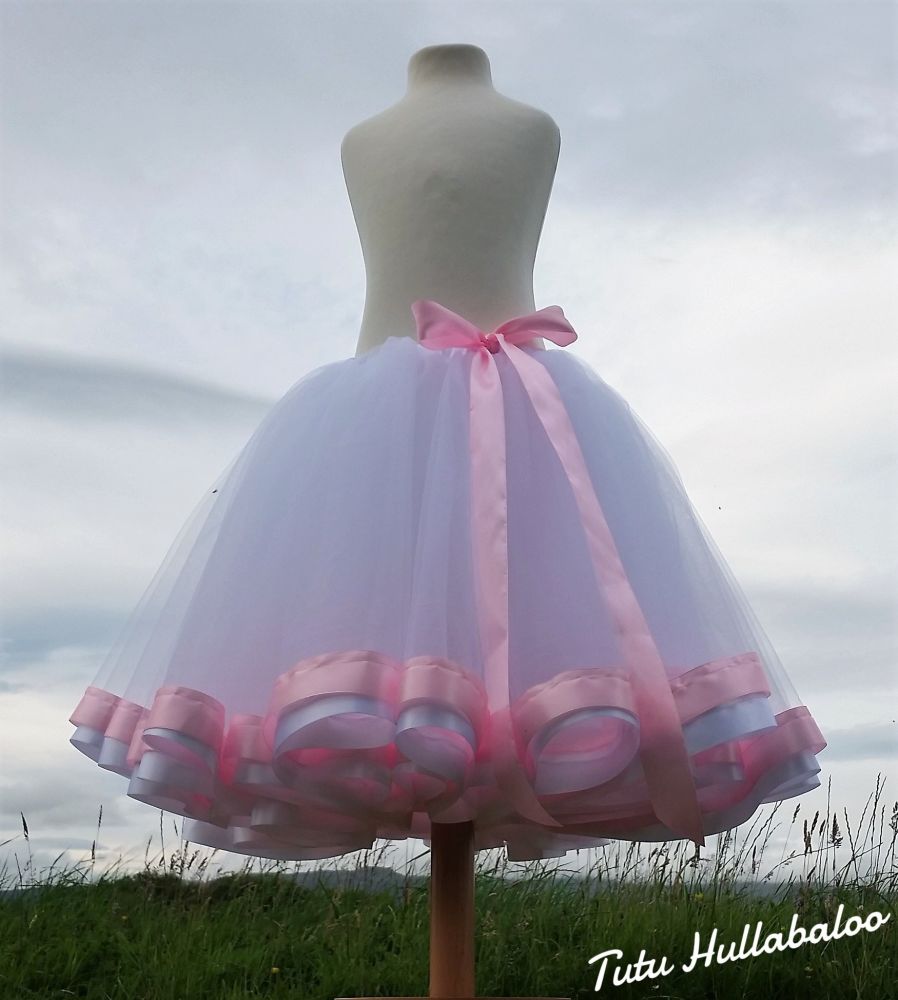 Ribbon Trimmed Tulle Skirt - White/Pink