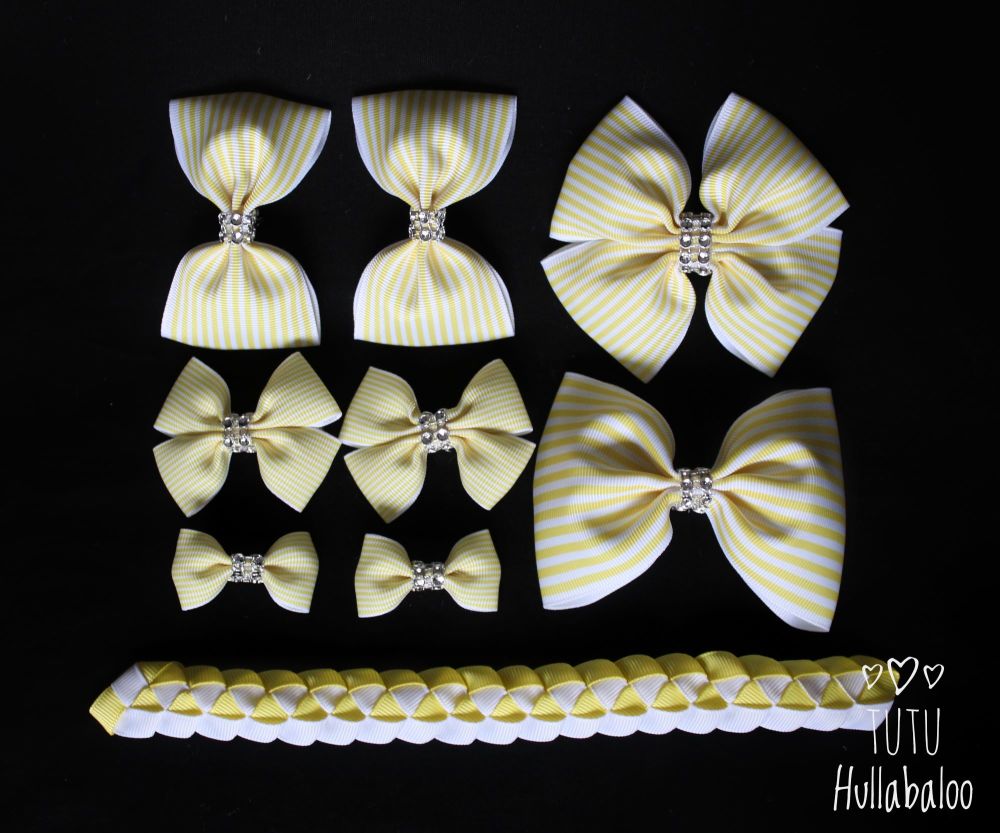 Pinstripe Lemon - School Bow Set - 8 bows + Bun Wrap