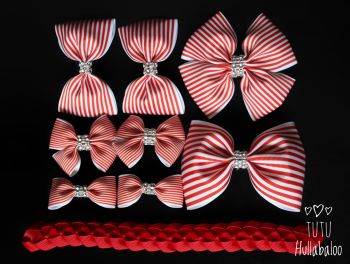 Pinstripe Red - School Bow Set - 8 bows + Bun Wrap