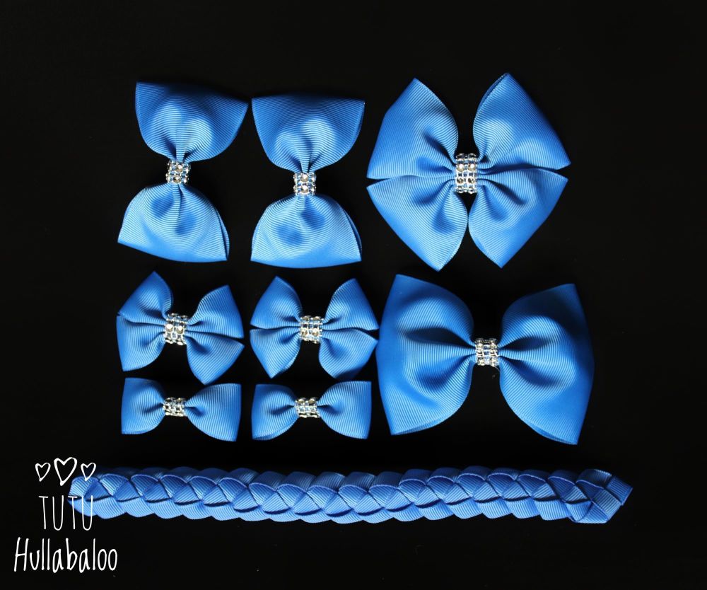 Plain Blue - School Bow Set - 8 bows + Bun Wrap