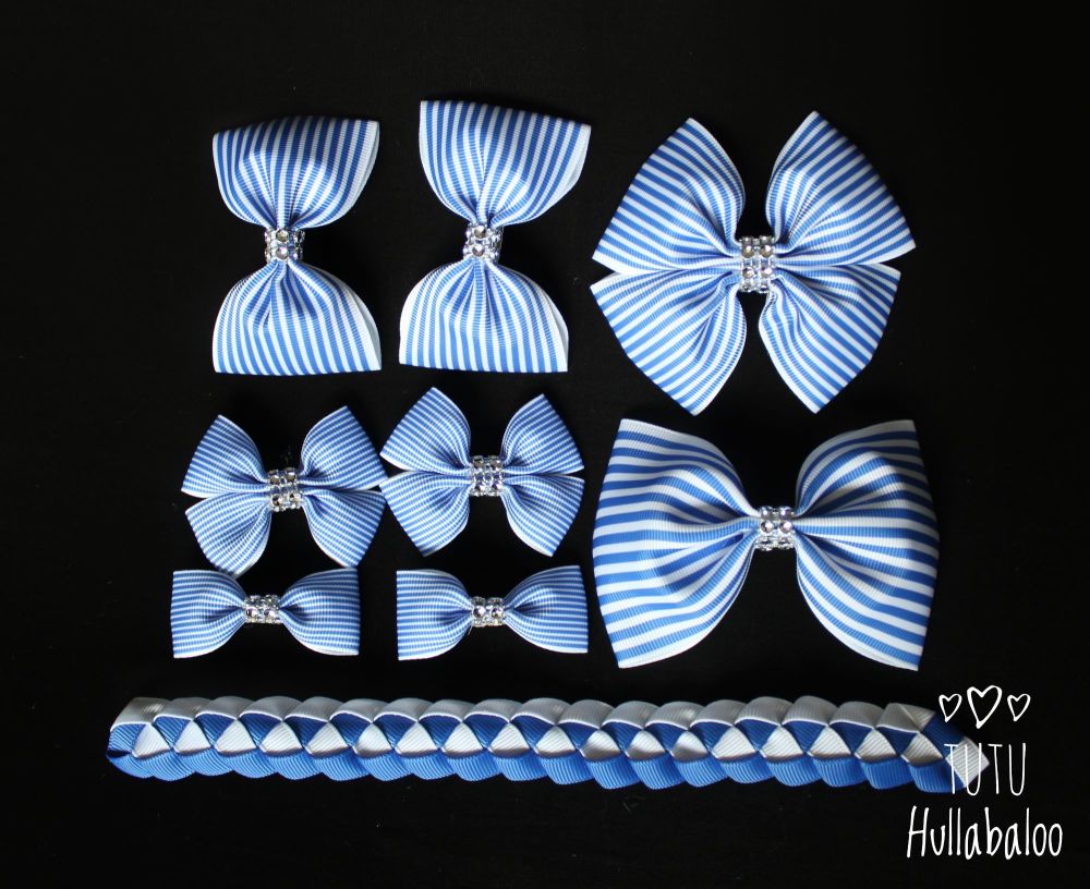 Pinstripe Blue - School Bow Set - 8 bows + Bun Wrap