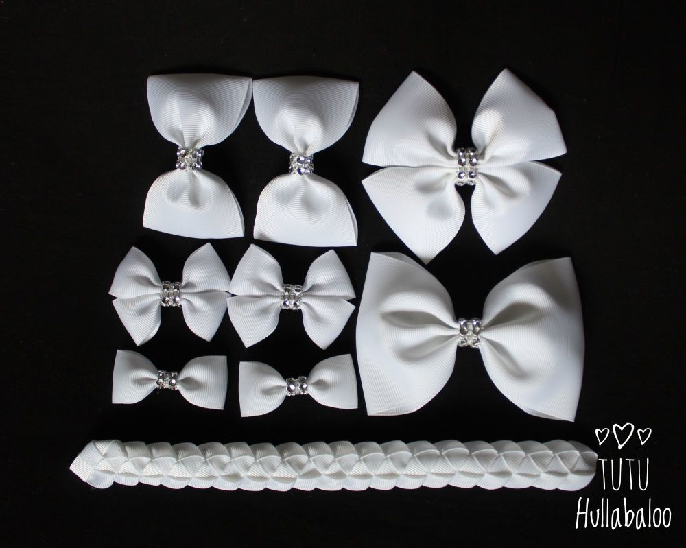Plain White - School Bow Set - 8 bows + Bun Wrap