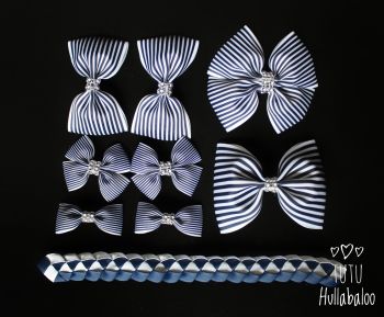 Pinstripe Navy - School Bow Set - 8 bows + Bun Wrap