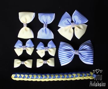 Pinstripe Blue/Lemon - School Bow Set - 8 bows + Bun Wrap