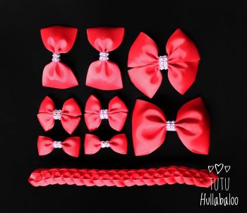 Plain Red - School Bow Set - 8 bows + Bun Wrap 
