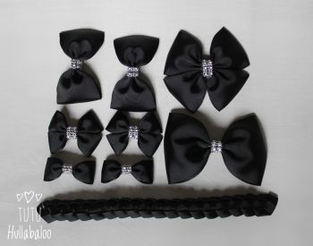 Plain Black - School Bow Set - 8 bows + Bun Wrap