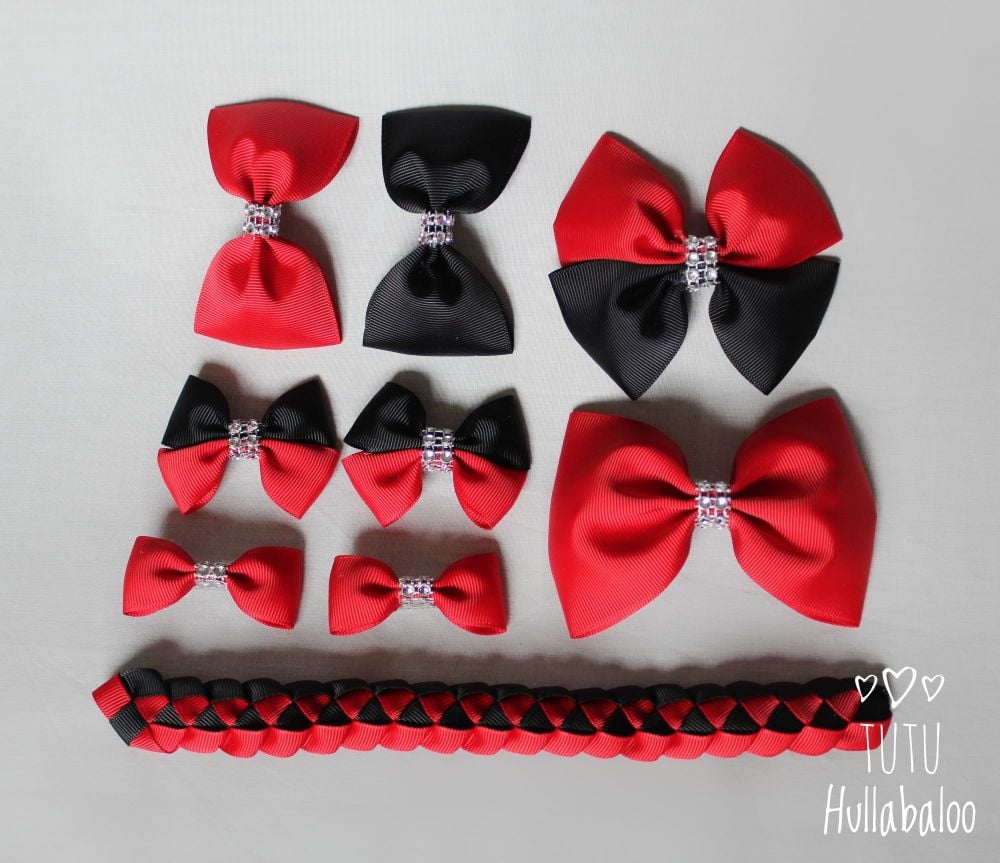Plain Red/Black - School Bow Set - 8 bows + Bun Wrap