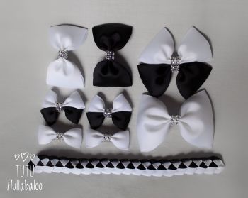 Plain Black/White - School Bow Set - 8 bows + Bun Wrap