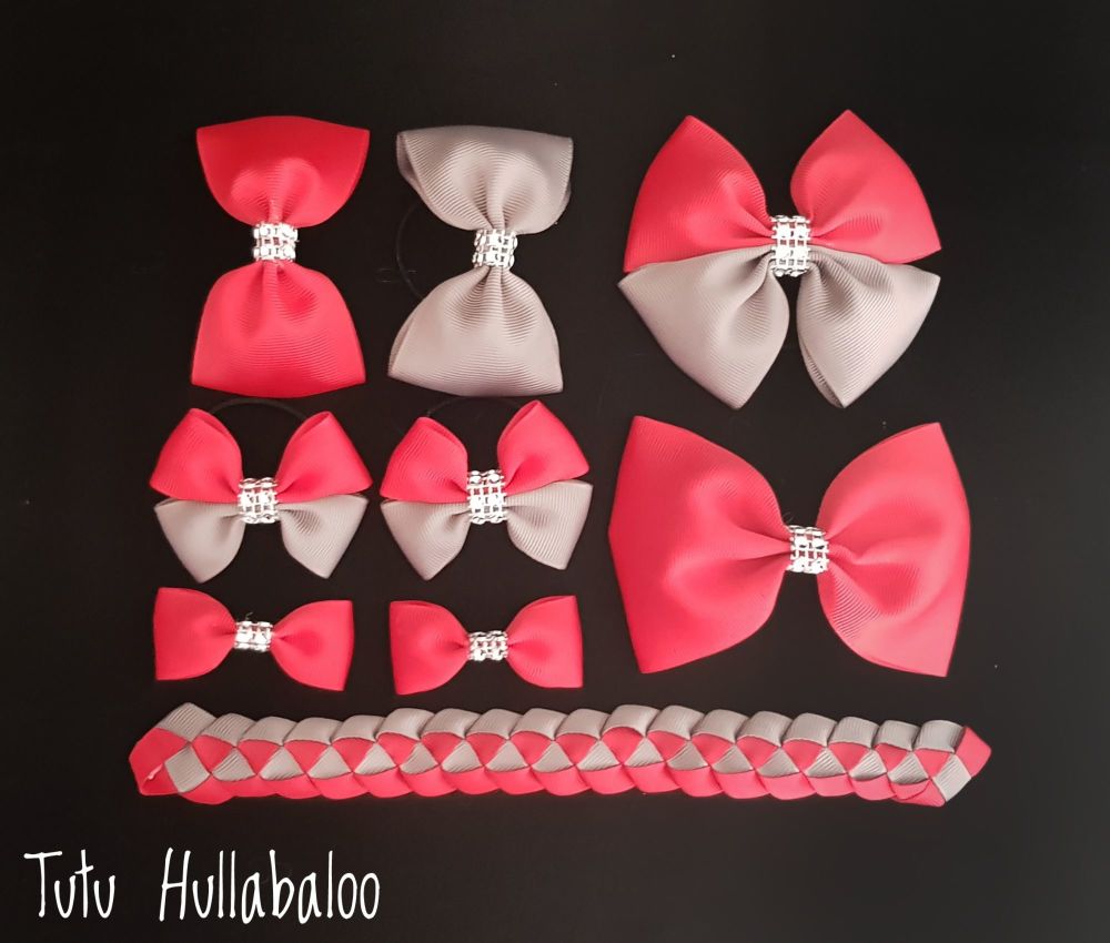 Plain Red/Grey - School Bow Set - 8 bows + Bun Wrap