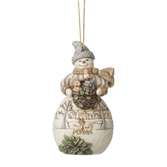 White Woodland Snowman with Basket and Animals Hanging Ornam 6008868