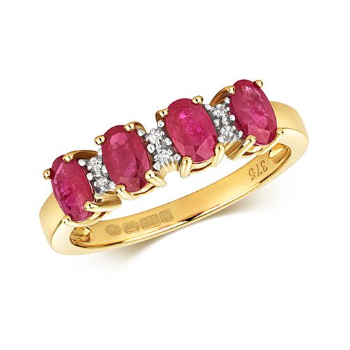9CT DIAMOND & 4 OVAL RUBY RING