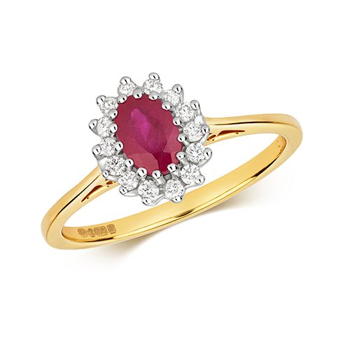 9CT DIAMOND CLUSTER 6X4 OVAL RUBY RING