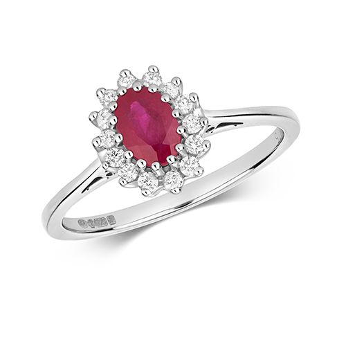 9CT DIAMOND CLUSTER 6X4 OVAL RUBY RING