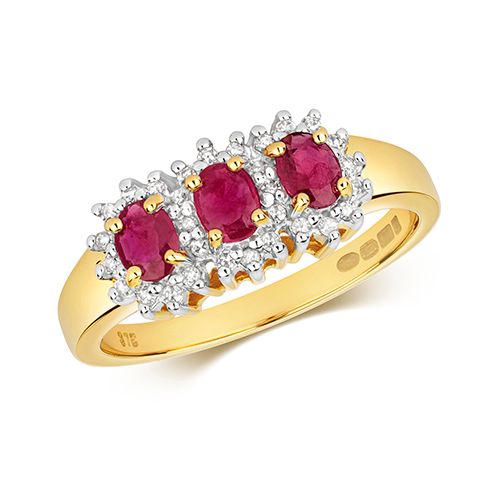 9CT DIAMOND & 3 OVAL RUBY CLUSTER RING