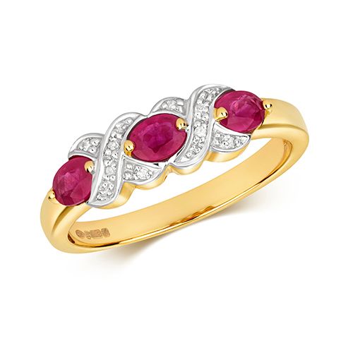 9CT DIAMOND & 3 OVAL RUBY RING