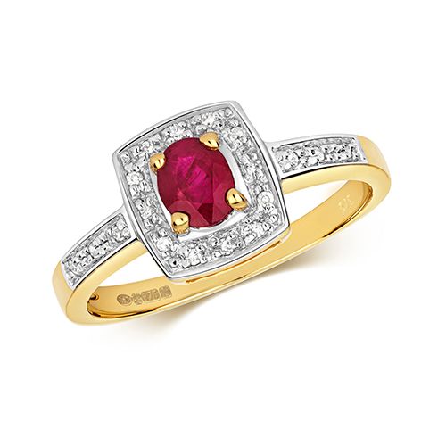9CT DIAMOND & OVAL RUBY CUSHION RING