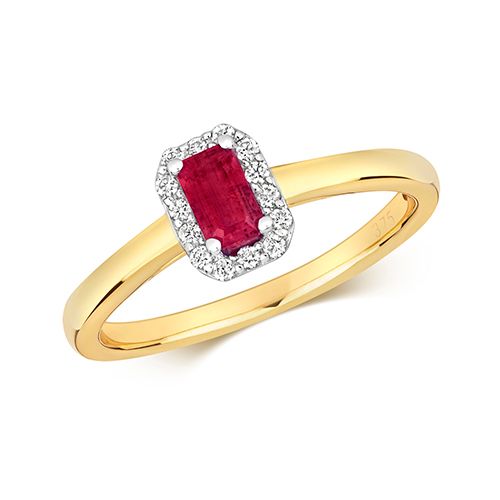 9CT DIAMOND CLUSTER OCTAGON RUBY RING