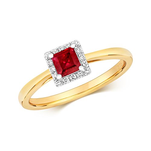 9CT DIAMOND CLUSTER SQUARE RUBY RING