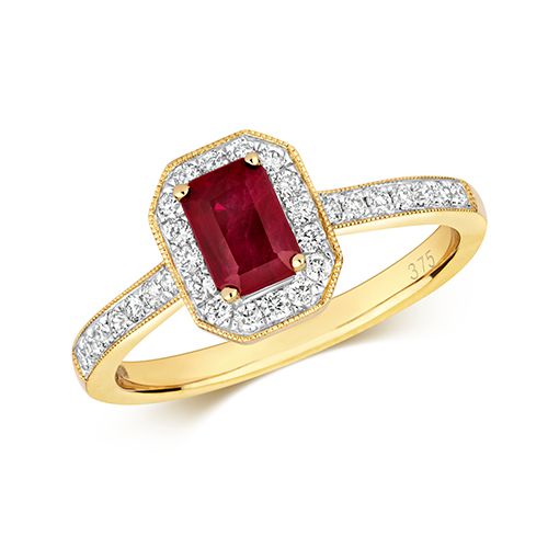 9CT DIAMOND CLUSTER OCTAGON RUBY RING