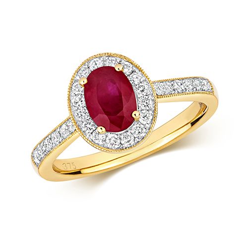 9CT DIAMOND CLUSTER OVAL RUBY RING